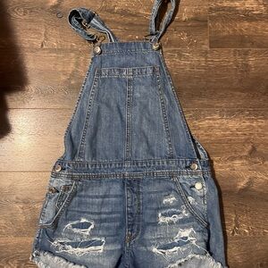 American Eagle Outfitters Distressed Blue Denim Shortalls